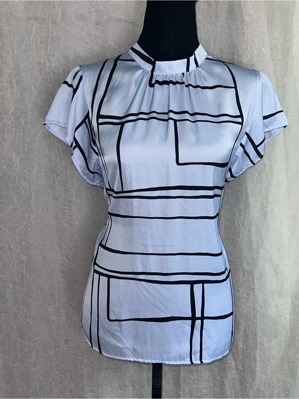 Nine West satin Light Blue Blouse with Black Windowpane Stripes